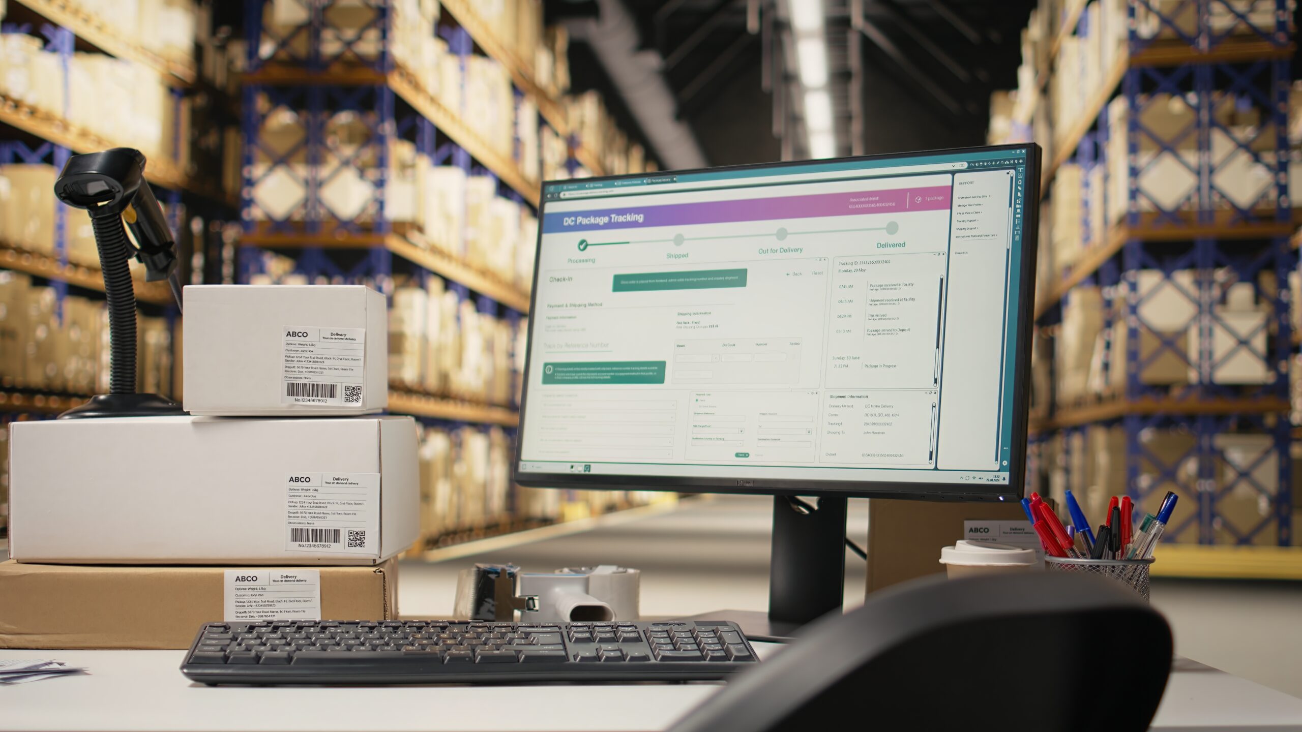 Empty distribution hub with big industrial storage racks filled with packages